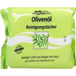 Grüne Packung mit Olivenöl Reinigungstüchern für empfindliche Haut.